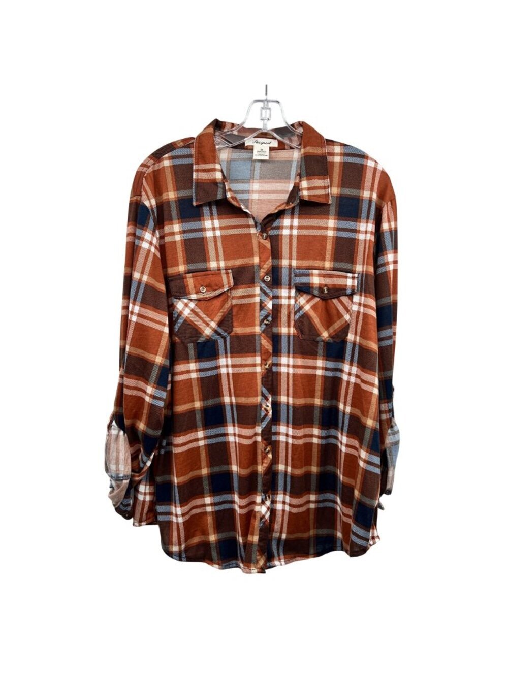 Passport Womens Plaid Button Up Top Long Roll Tab Sleeve Brown/Multi 3X New
